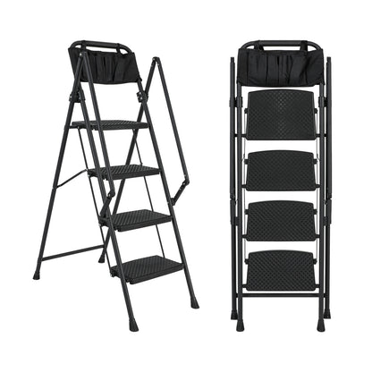 4-Step Foldable Light Weight Wide Anti Slip Pedal and Safety Handle, Sturdy Multi-Purpose Step Ladder with tool bag