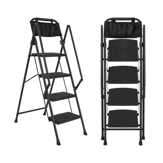 4-Step Foldable Light Weight Wide Anti Slip Pedal and Safety Handle, Sturdy Multi-Purpose Step Ladder with tool bag