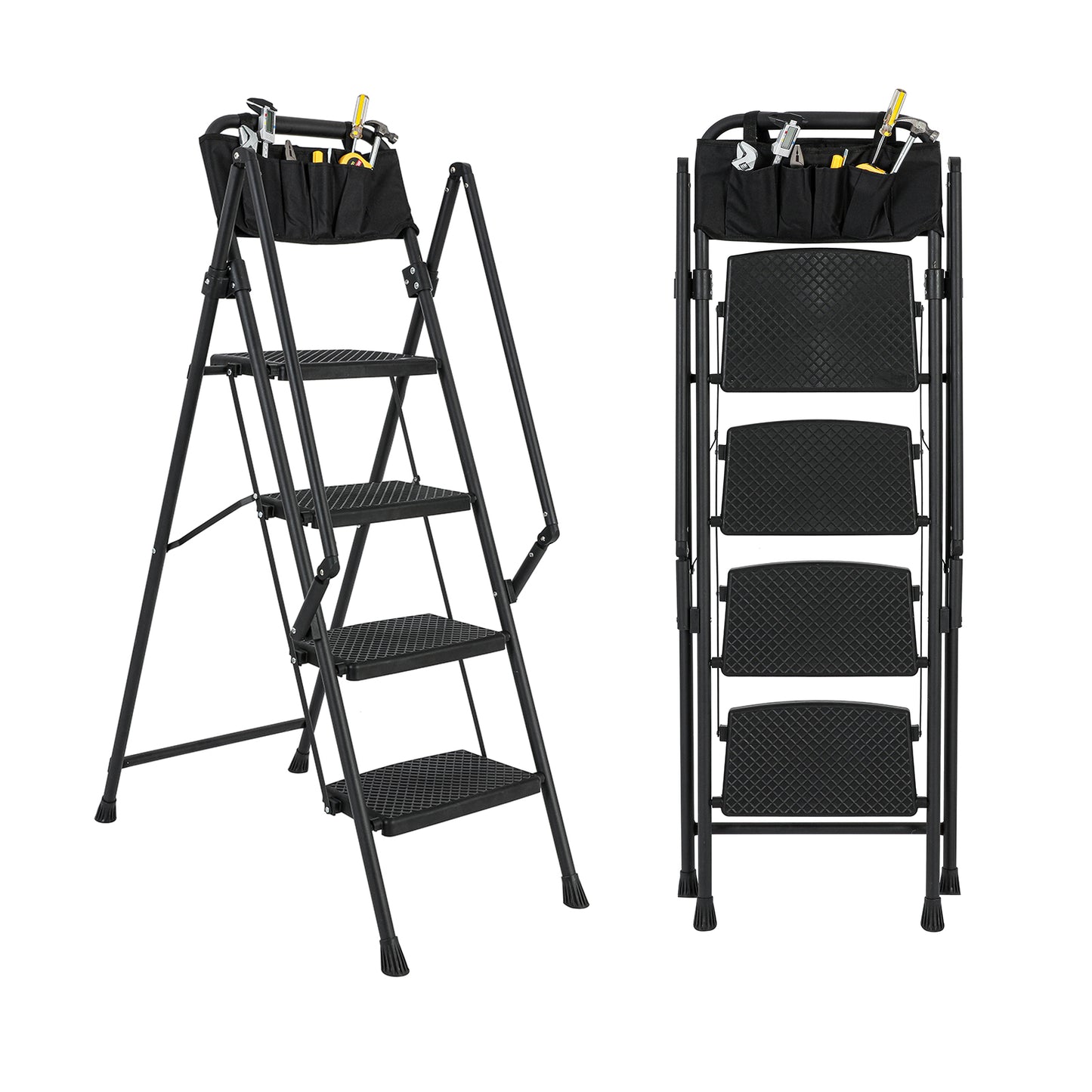 4-Step Foldable Light Weight Wide Anti Slip Pedal and Safety Handle, Sturdy Multi-Purpose Step Ladder with tool bag