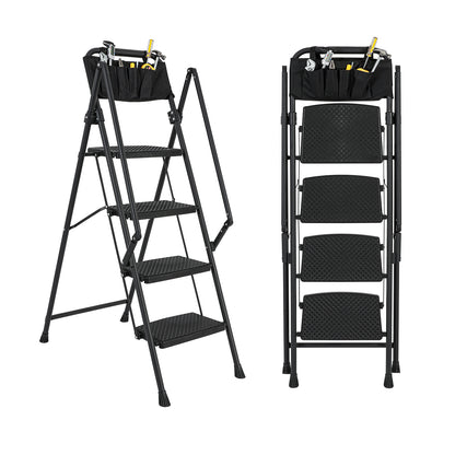 4-Step Foldable Light Weight Wide Anti Slip Pedal and Safety Handle, Sturdy Multi-Purpose Step Ladder with tool bag
