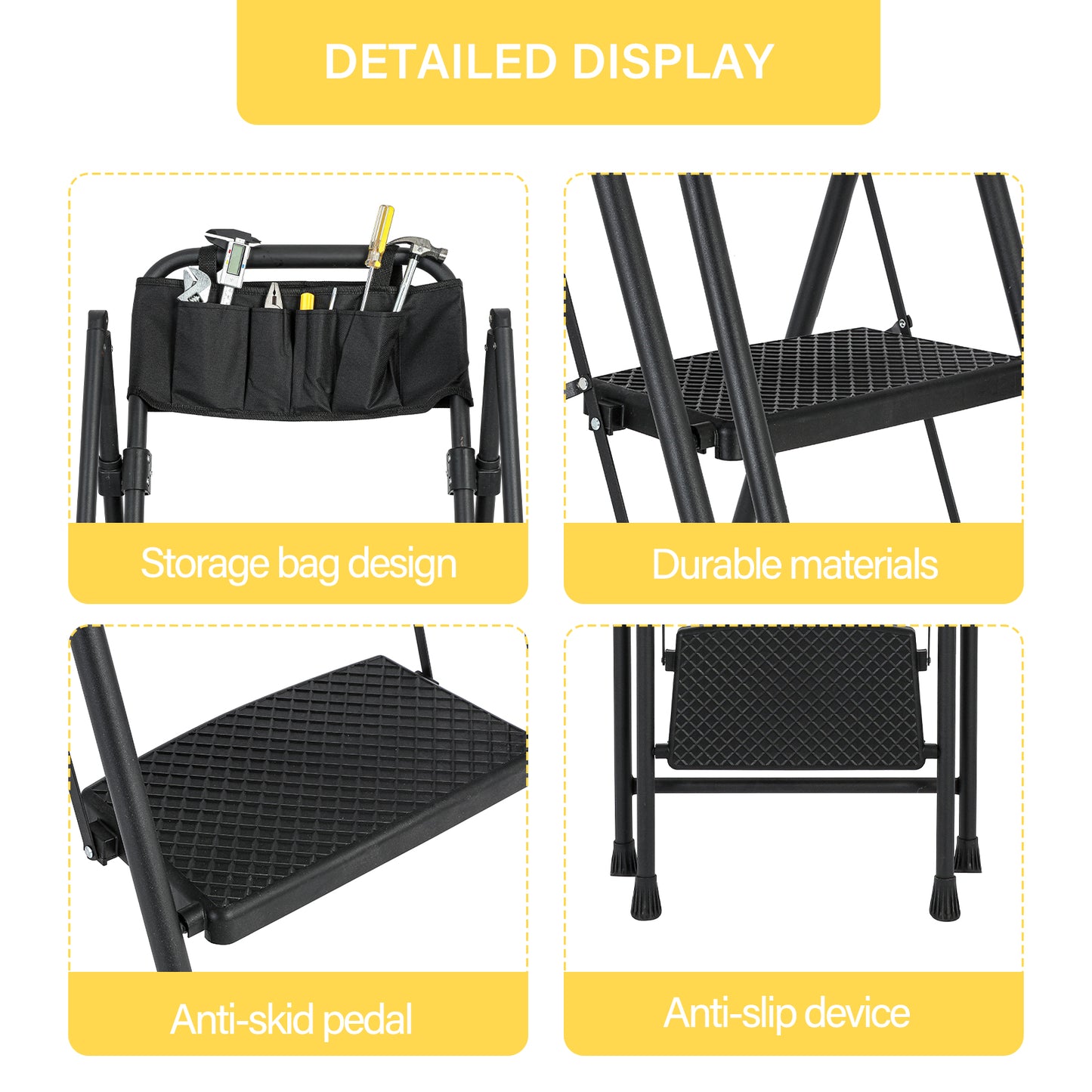 4-Step Foldable Light Weight Wide Anti Slip Pedal and Safety Handle, Sturdy Multi-Purpose Step Ladder with tool bag