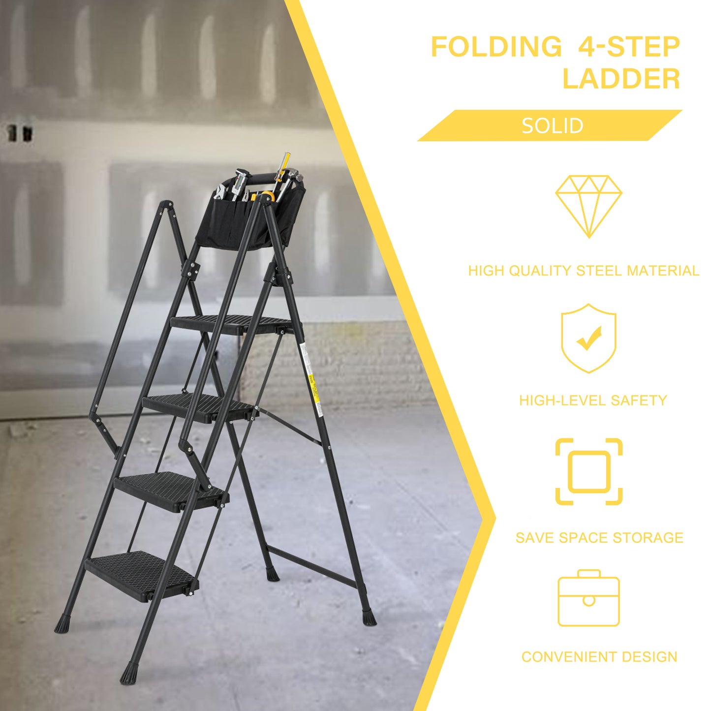 4-Step Foldable Light Weight Wide Anti Slip Pedal and Safety Handle, Sturdy Multi-Purpose Step Ladder with tool bag