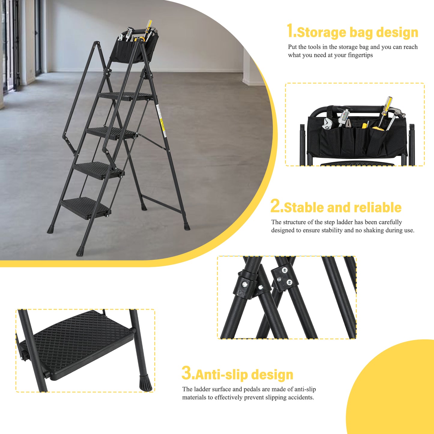 4-Step Foldable Light Weight Wide Anti Slip Pedal and Safety Handle, Sturdy Multi-Purpose Step Ladder with tool bag