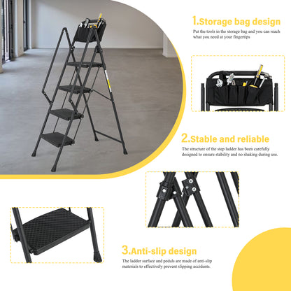 4-Step Foldable Light Weight Wide Anti Slip Pedal and Safety Handle, Sturdy Multi-Purpose Step Ladder with tool bag