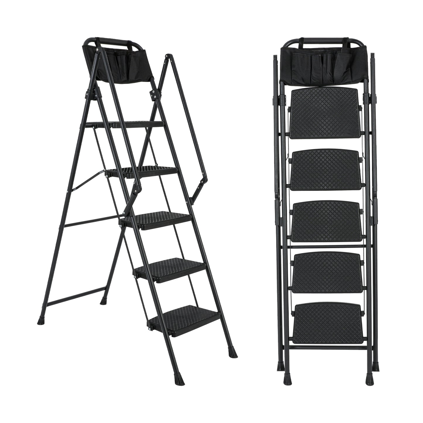 5-Step Foldable Light Weight Wide Anti Slip Pedal and Safety Handle, Sturdy Multi-Purpose Step Ladder with tool bag