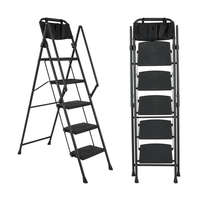 5-Step Foldable Light Weight Wide Anti Slip Pedal and Safety Handle, Sturdy Multi-Purpose Step Ladder with tool bag