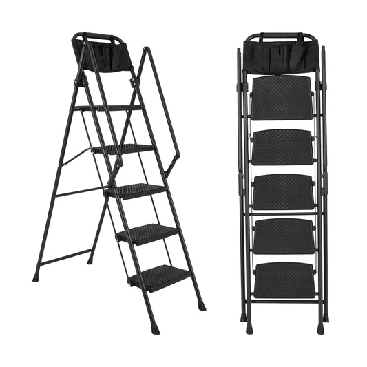 5-Step Foldable Light Weight Wide Anti Slip Pedal and Safety Handle, Sturdy Multi-Purpose Step Ladder with tool bag