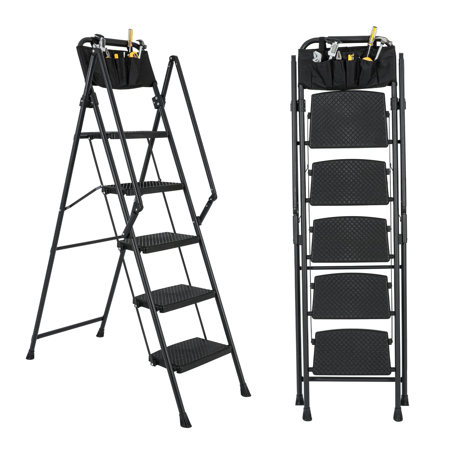5-Step Foldable Light Weight Wide Anti Slip Pedal and Safety Handle, Sturdy Multi-Purpose Step Ladder with tool bag