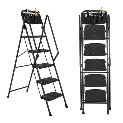5-Step Foldable Light Weight Wide Anti Slip Pedal and Safety Handle, Sturdy Multi-Purpose Step Ladder with tool bag