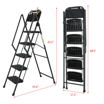 5-Step Foldable Light Weight Wide Anti Slip Pedal and Safety Handle, Sturdy Multi-Purpose Step Ladder with tool bag