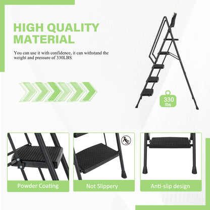 5-Step Foldable Light Weight Wide Anti Slip Pedal and Safety Handle, Sturdy Multi-Purpose Step Ladder with tool bag