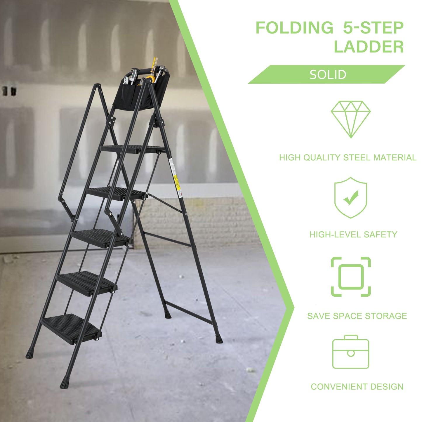 5-Step Foldable Light Weight Wide Anti Slip Pedal and Safety Handle, Sturdy Multi-Purpose Step Ladder with tool bag