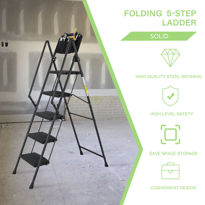 5-Step Foldable Light Weight Wide Anti Slip Pedal and Safety Handle, Sturdy Multi-Purpose Step Ladder with tool bag