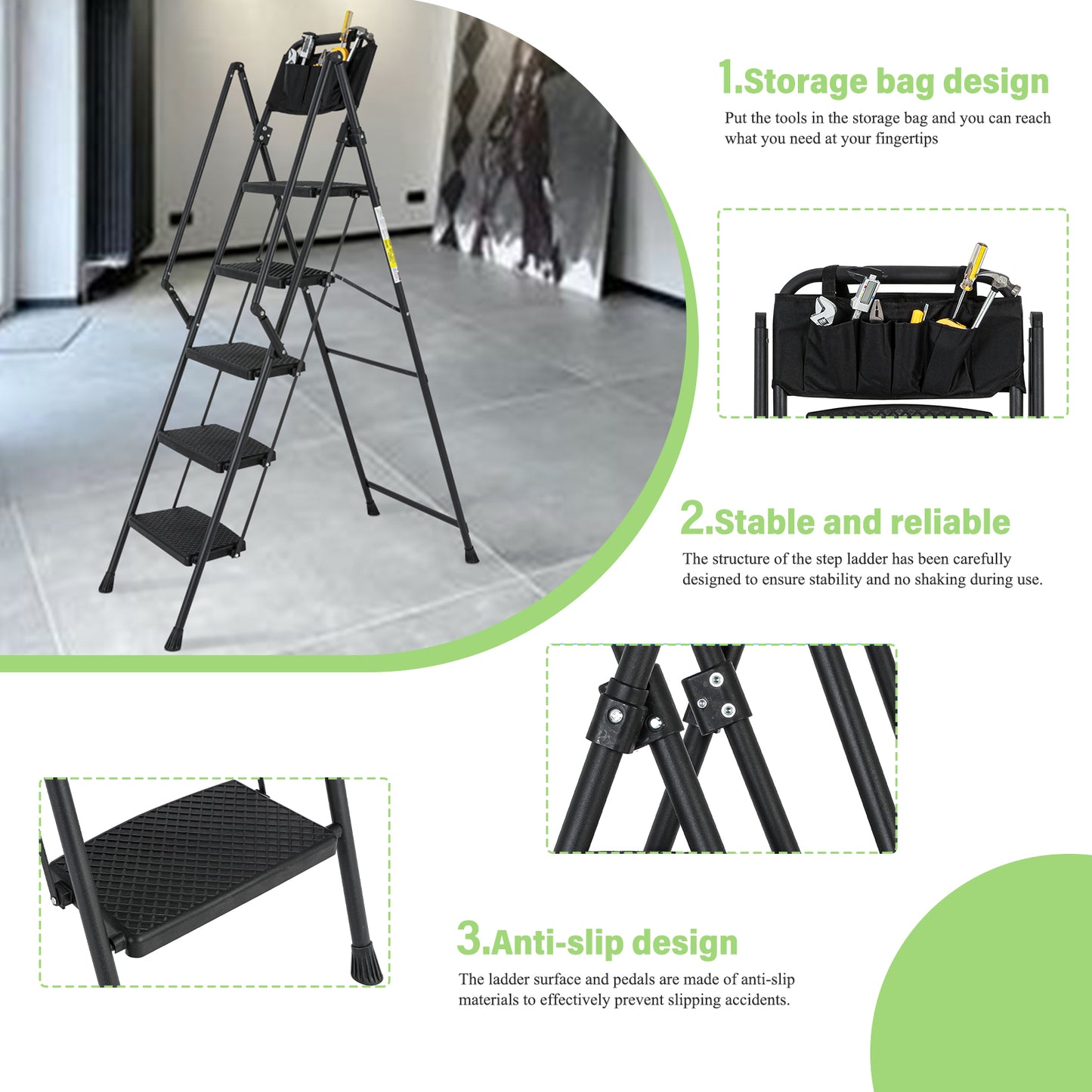 5-Step Foldable Light Weight Wide Anti Slip Pedal and Safety Handle, Sturdy Multi-Purpose Step Ladder with tool bag