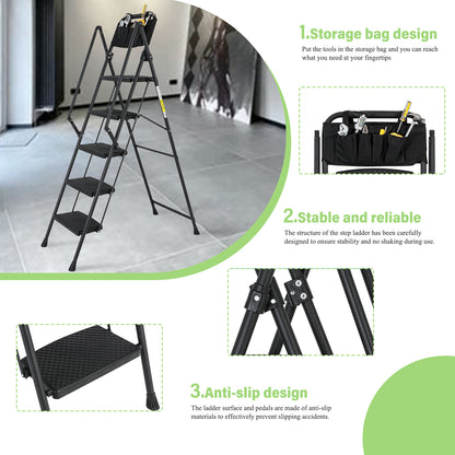 5-Step Foldable Light Weight Wide Anti Slip Pedal and Safety Handle, Sturdy Multi-Purpose Step Ladder with tool bag
