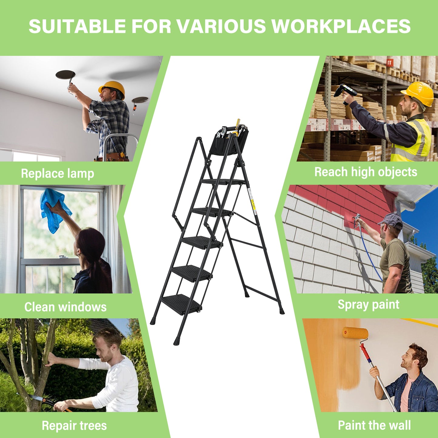 5-Step Foldable Light Weight Wide Anti Slip Pedal and Safety Handle, Sturdy Multi-Purpose Step Ladder with tool bag
