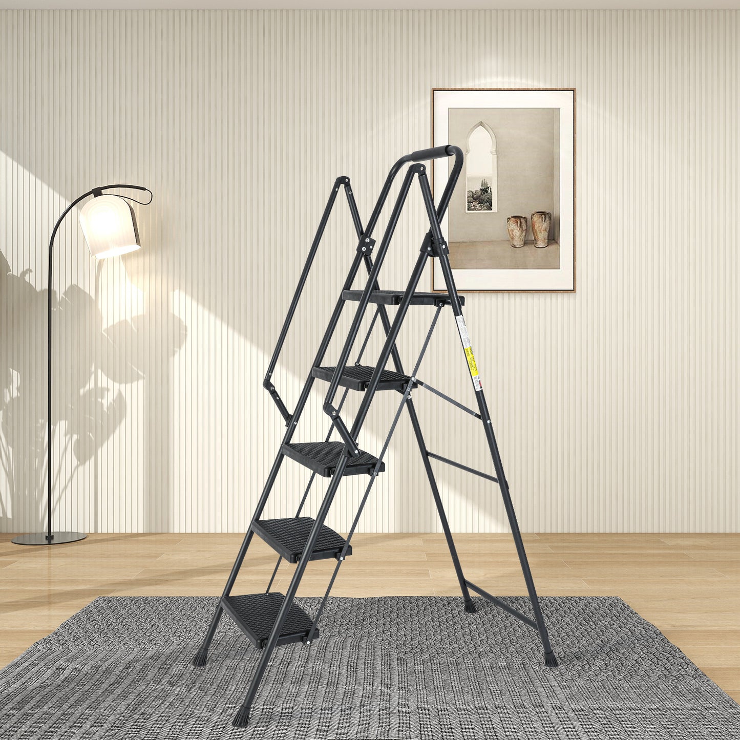 5-Step Steel Folding Step Stool Ladder with Wide Anti Slip Pedal and Safety Handle, Black