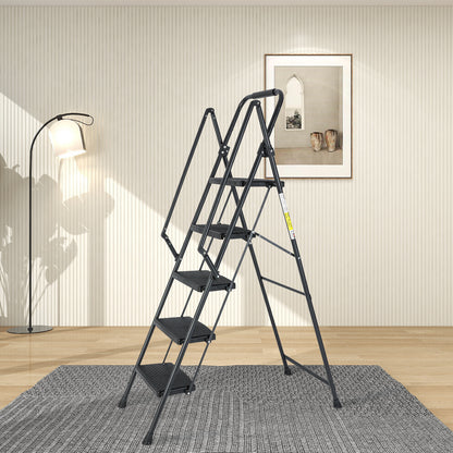5-Step Steel Folding Step Stool Ladder with Wide Anti Slip Pedal and Safety Handle, Black
