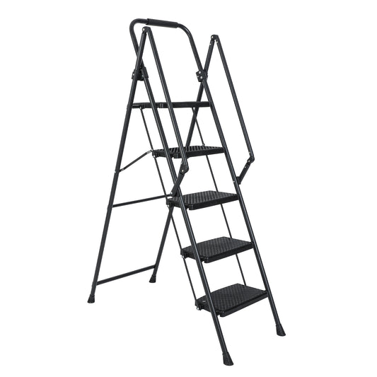 5-Step Steel Folding Step Stool Ladder with Wide Anti Slip Pedal and Safety Handle, Black