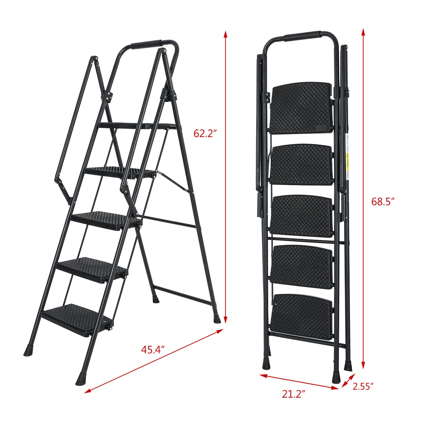 5-Step Steel Folding Step Stool Ladder with Wide Anti Slip Pedal and Safety Handle, Black
