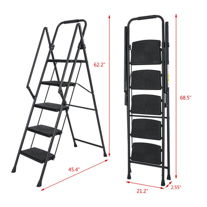 5-Step Steel Folding Step Stool Ladder with Wide Anti Slip Pedal and Safety Handle, Black