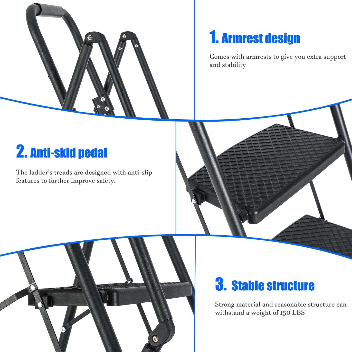 5-Step Steel Folding Step Stool Ladder with Wide Anti Slip Pedal and Safety Handle, Black