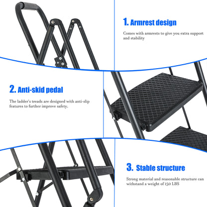 5-Step Steel Folding Step Stool Ladder with Wide Anti Slip Pedal and Safety Handle, Black