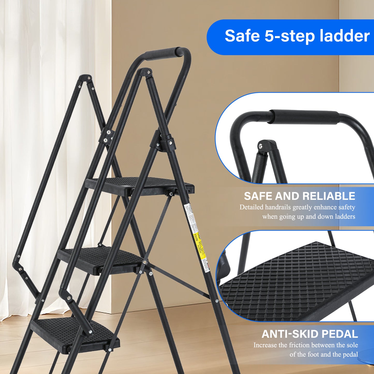 5-Step Steel Folding Step Stool Ladder with Wide Anti Slip Pedal and Safety Handle, Black