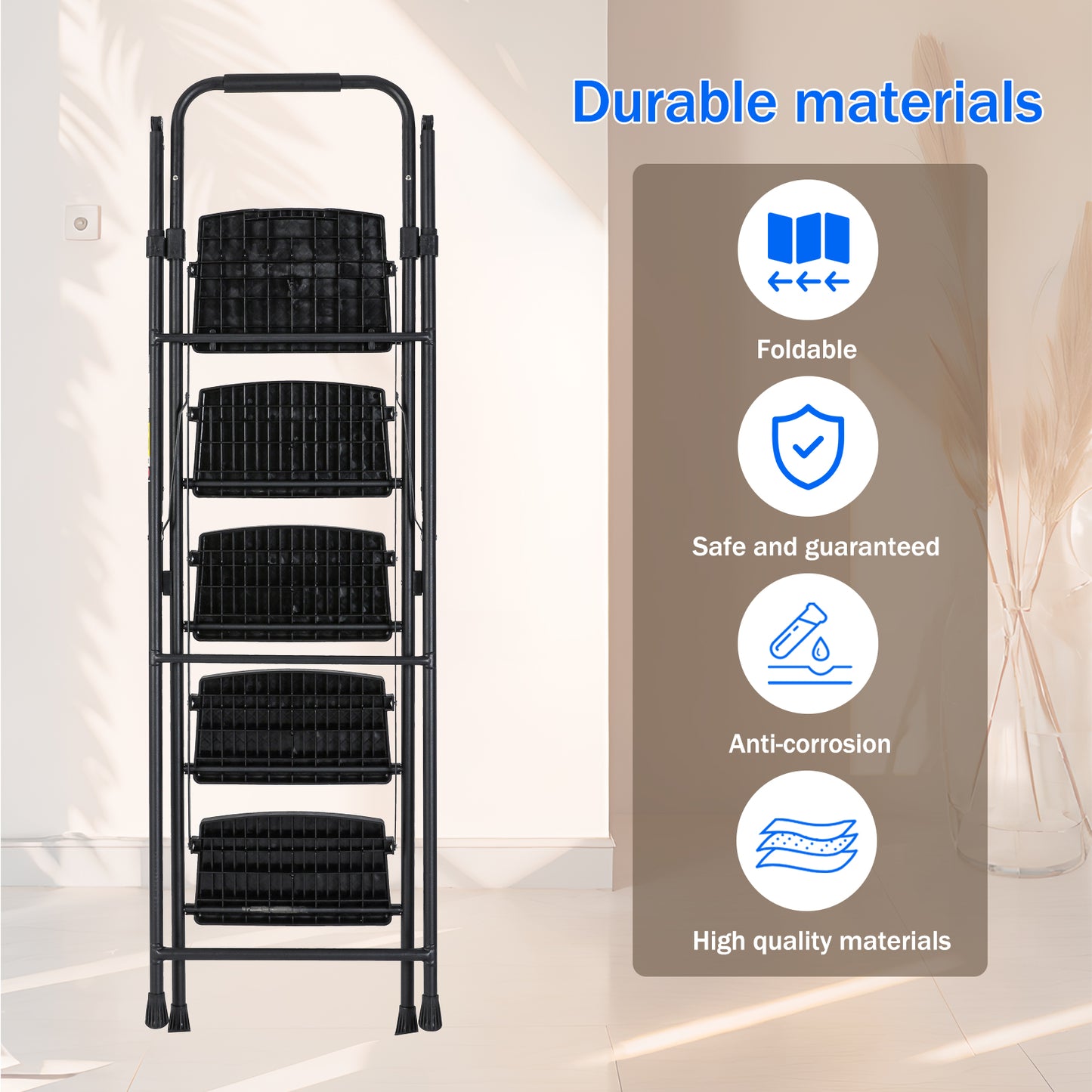 5-Step Steel Folding Step Stool Ladder with Wide Anti Slip Pedal and Safety Handle, Black