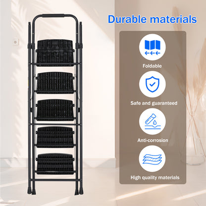 5-Step Steel Folding Step Stool Ladder with Wide Anti Slip Pedal and Safety Handle, Black