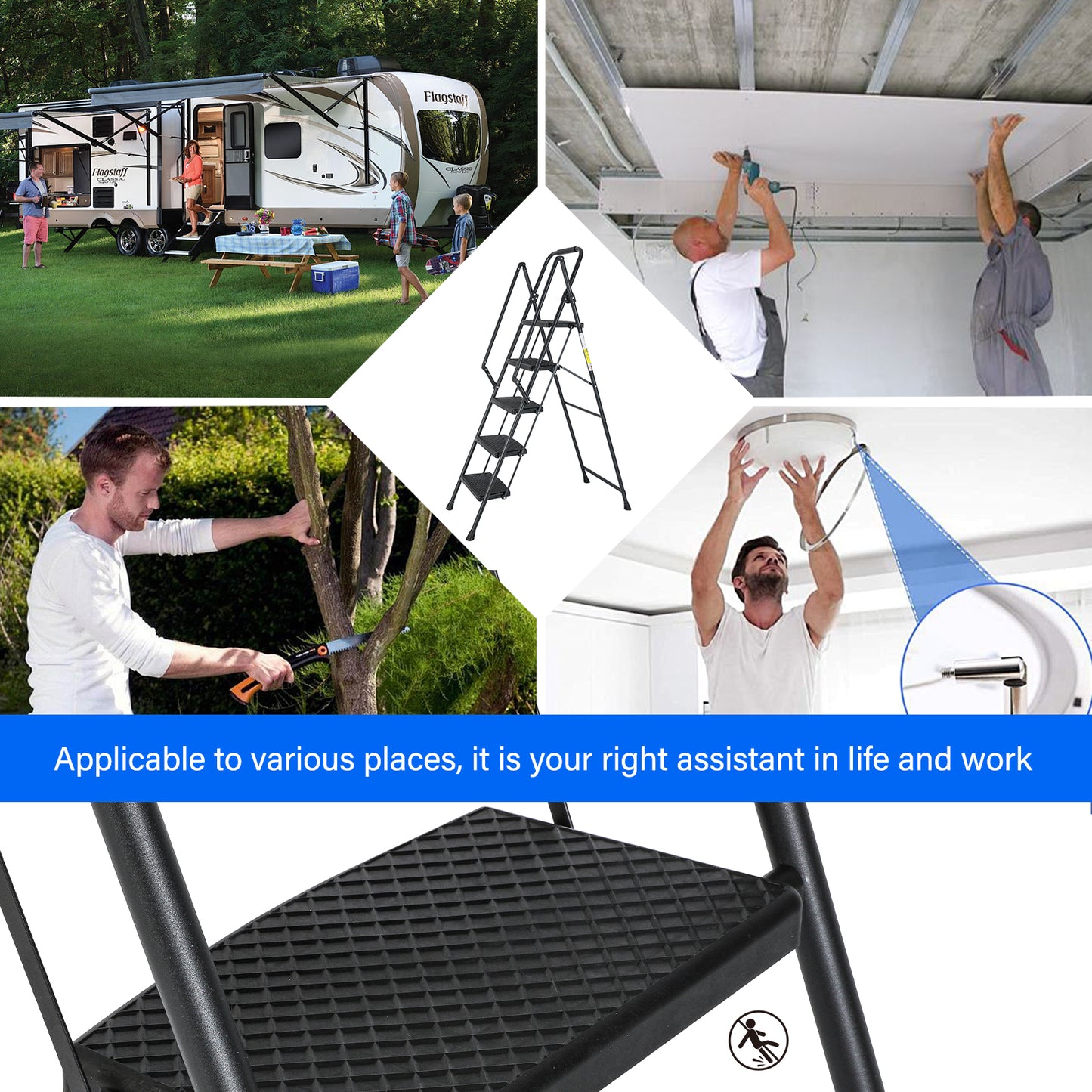 5-Step Steel Folding Step Stool Ladder with Wide Anti Slip Pedal and Safety Handle, Black