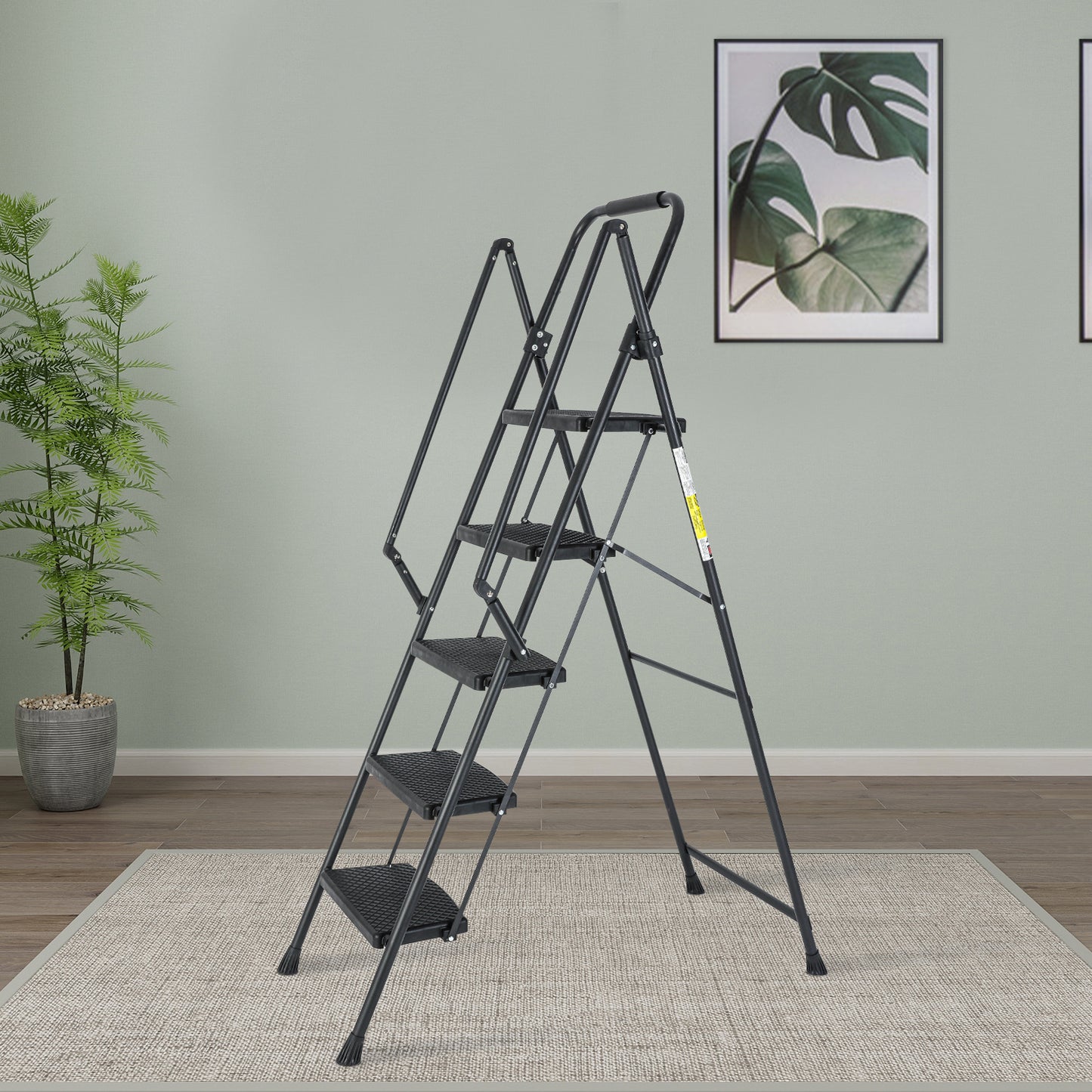 5-Step Steel Folding Step Stool Ladder with Wide Anti Slip Pedal and Safety Handle, Black