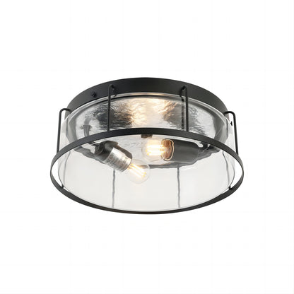 2-Light flush mount Indoor drum shape Matte Black + Clear Glass Ceiling Light