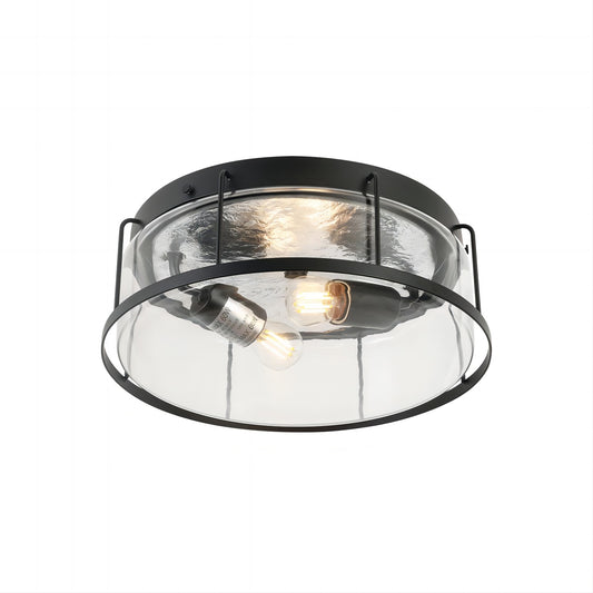 2-Light flush mount Indoor drum shape Matte Black + Clear Glass Ceiling Light