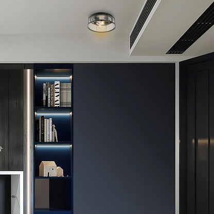 2-Light flush mount Indoor drum shape Matte Black + Clear Glass Ceiling Light