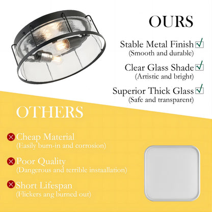 2-Light flush mount Indoor drum shape Matte Black + Clear Glass Ceiling Light