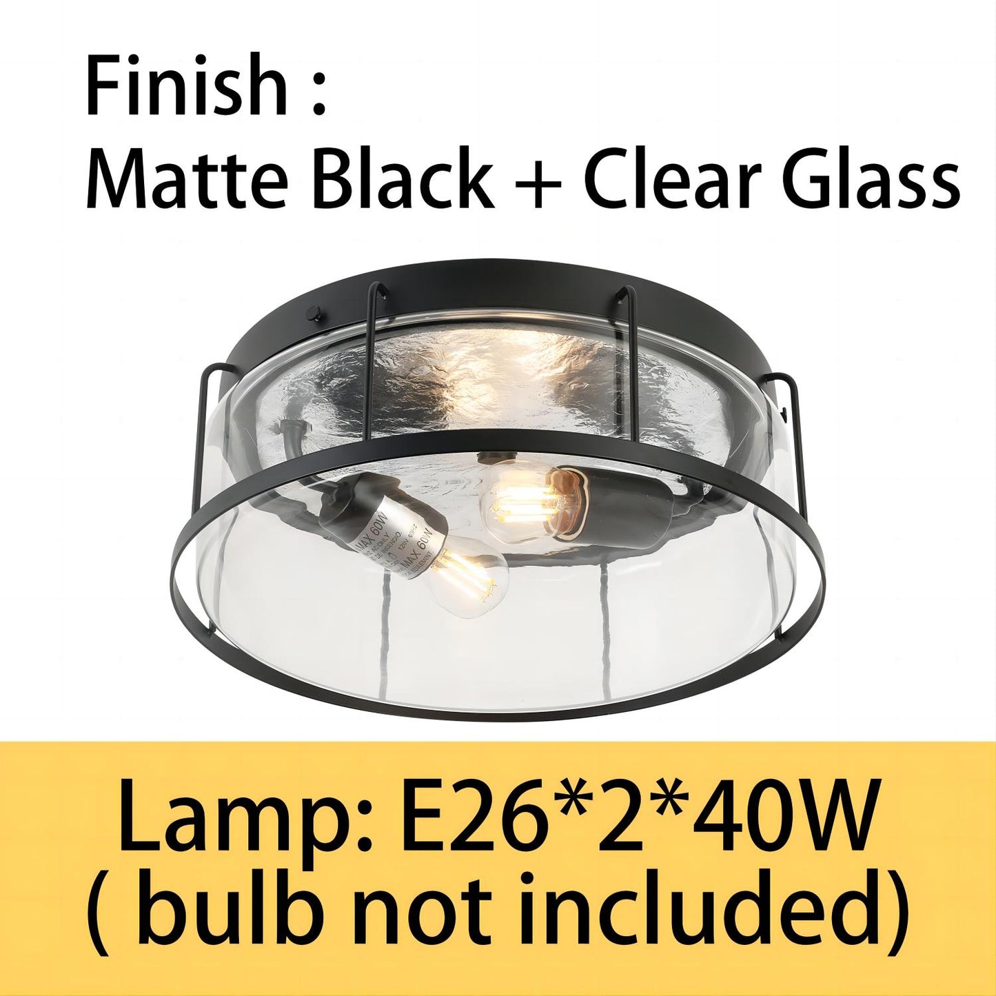 2-Light flush mount Indoor drum shape Matte Black + Clear Glass Ceiling Light