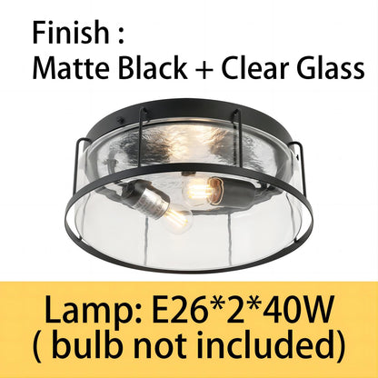 2-Light flush mount Indoor drum shape Matte Black + Clear Glass Ceiling Light