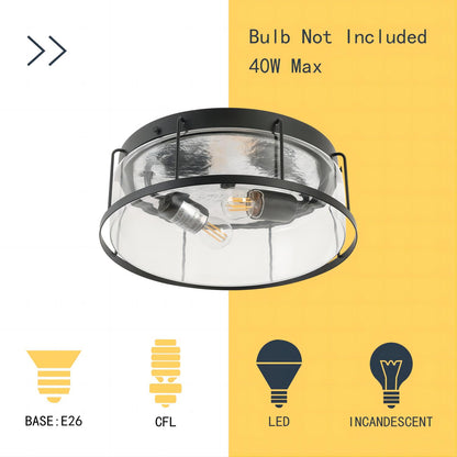 2-Light flush mount Indoor drum shape Matte Black + Clear Glass Ceiling Light
