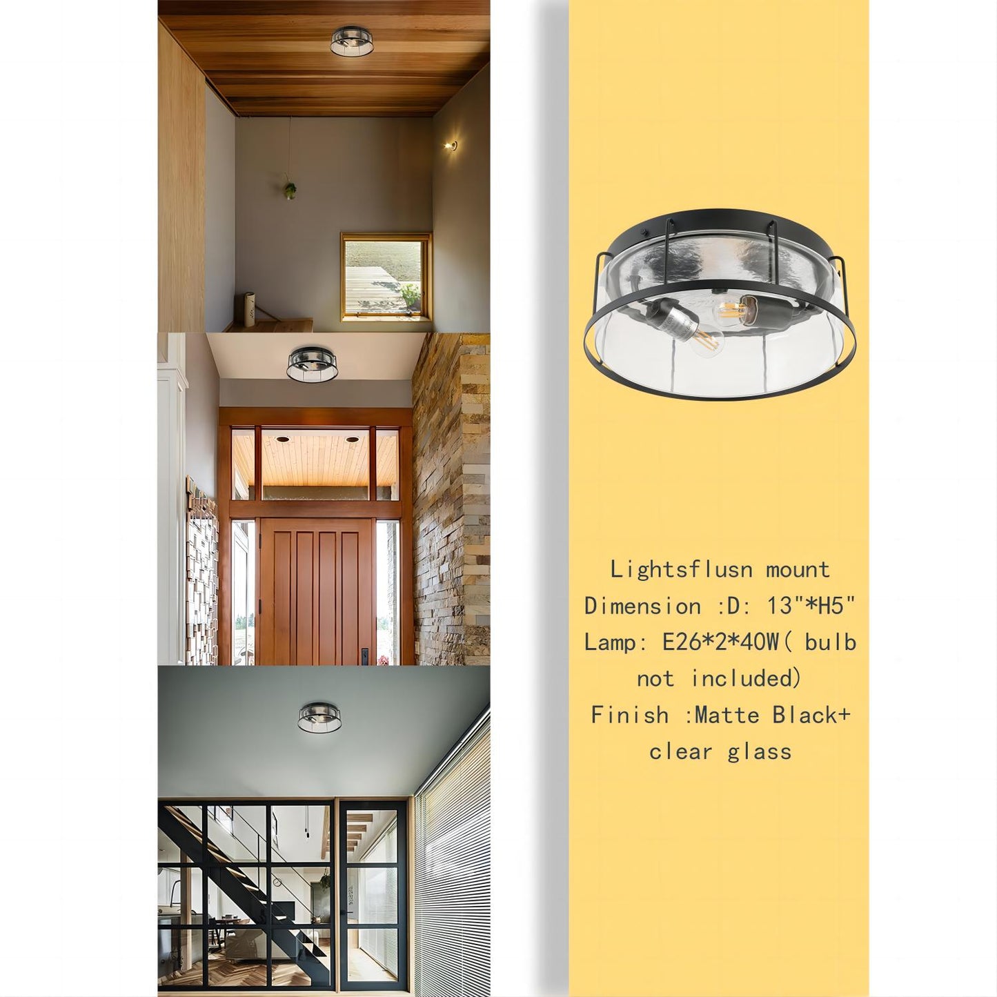 2-Light flush mount Indoor drum shape Matte Black + Clear Glass Ceiling Light