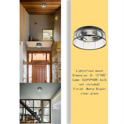 2-Light flush mount Indoor drum shape Matte Black + Clear Glass Ceiling Light