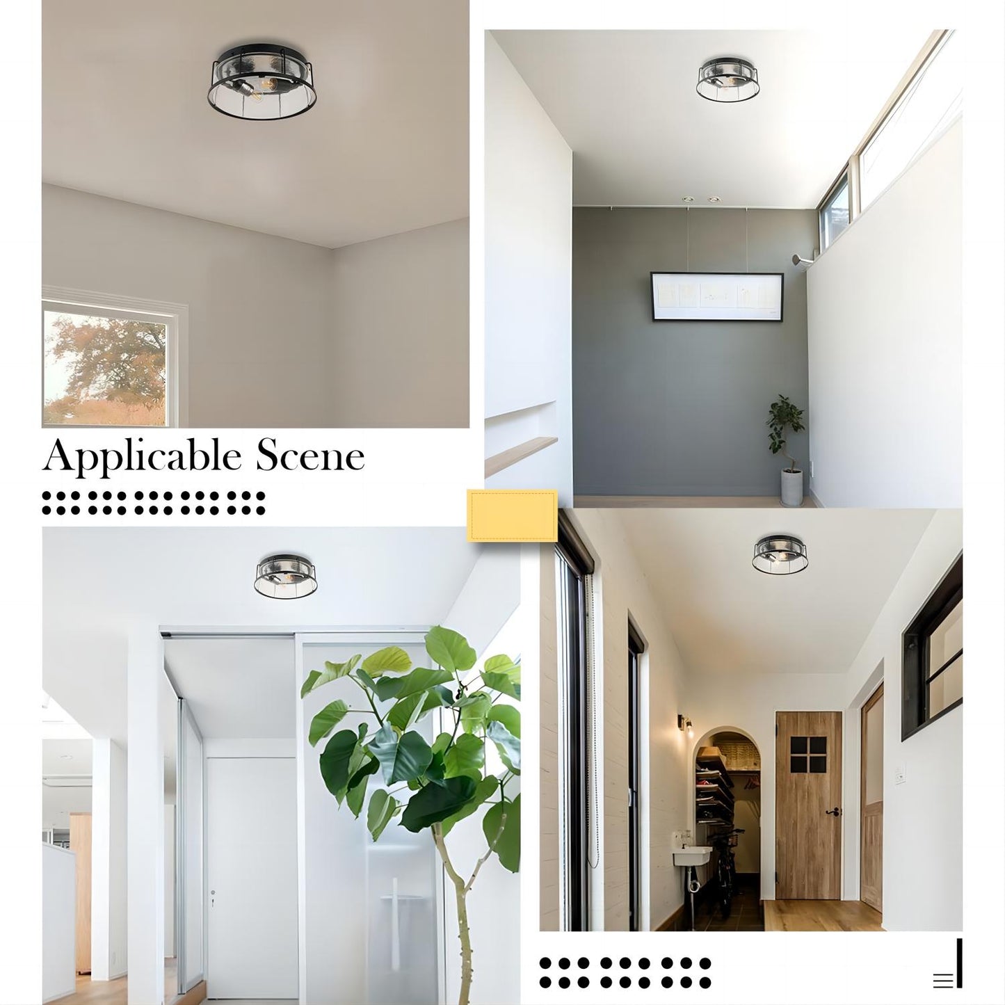 2-Light flush mount Indoor drum shape Matte Black + Clear Glass Ceiling Light