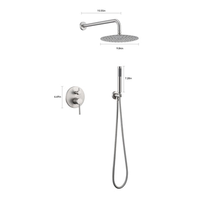 Double Handle 1-Spray Round Shower Faucet 2 GPM with 10 in. Rain Shower Head and Handheld in Brushed Nickel