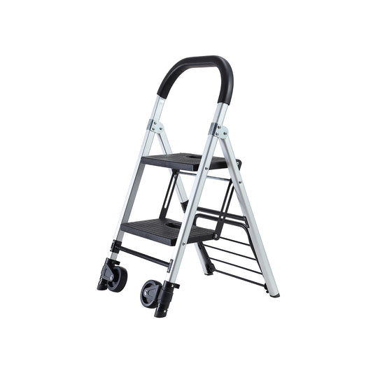 Portable 4 in. 2 Step Ladder Folding Step Stool, Folding Dual-Purpose Stair Car TPR Wheels Load Capacity 265 lbs.