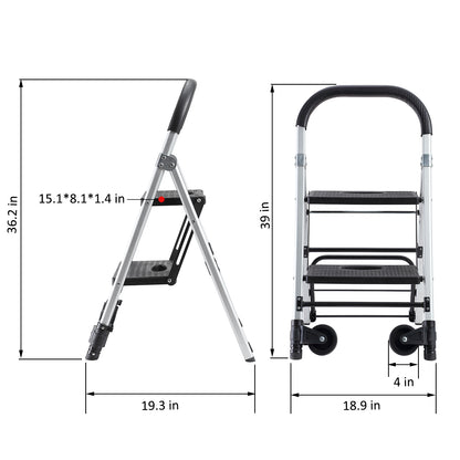 Portable 4 in. 2 Step Ladder Folding Step Stool, Folding Dual-Purpose Stair Car TPR Wheels Load Capacity 265 lbs.
