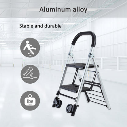 Portable 4 in. 2 Step Ladder Folding Step Stool, Folding Dual-Purpose Stair Car TPR Wheels Load Capacity 265 lbs.