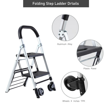 Portable 4 in. 2 Step Ladder Folding Step Stool, Folding Dual-Purpose Stair Car TPR Wheels Load Capacity 265 lbs.