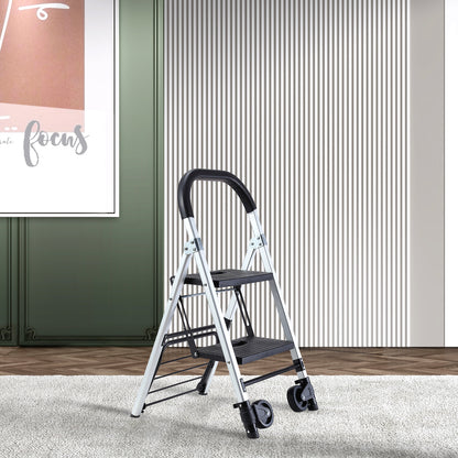 Portable 4 in. 2 Step Ladder Folding Step Stool, Folding Dual-Purpose Stair Car TPR Wheels Load Capacity 265 lbs.
