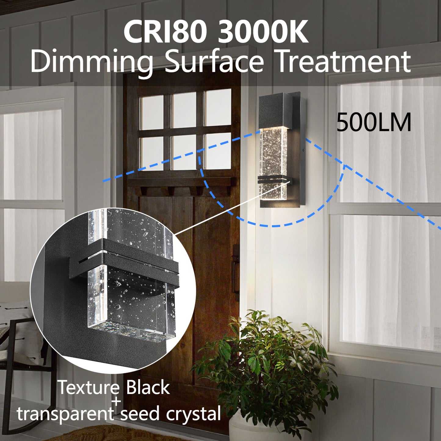 Textured Black Clear Seedy Crystal not Motion Sensing Outdoor Hardwired Wall Lantern Sconce with LED