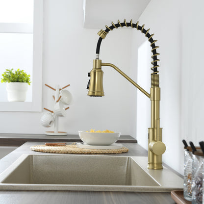 Single Handle Pull Out Sprayer Kitchen Faucet in Brushed Gold